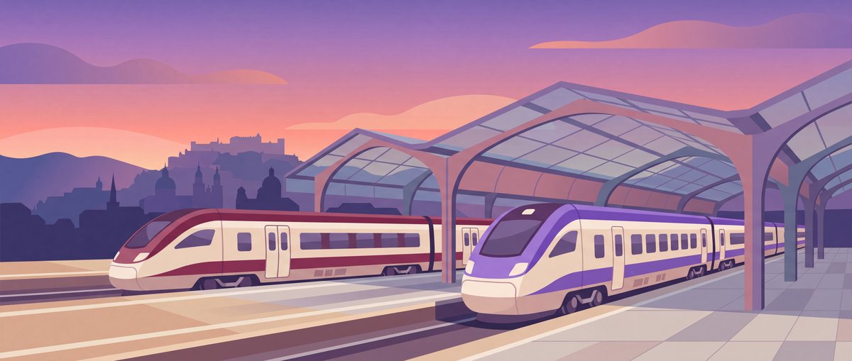 Illustration of Salzburg Hauptbahnhof at dusk with both ÖBB and Westbahn trains and the Hohensalzburg fortress silhouette