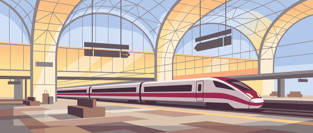 Illustration of Wien Hauptbahnhof with an ÖBB Railjet train under its arched glass roof