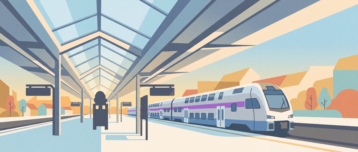 Illustration of Wien Westbahnhof with a Westbahn double-decker train under its canopy