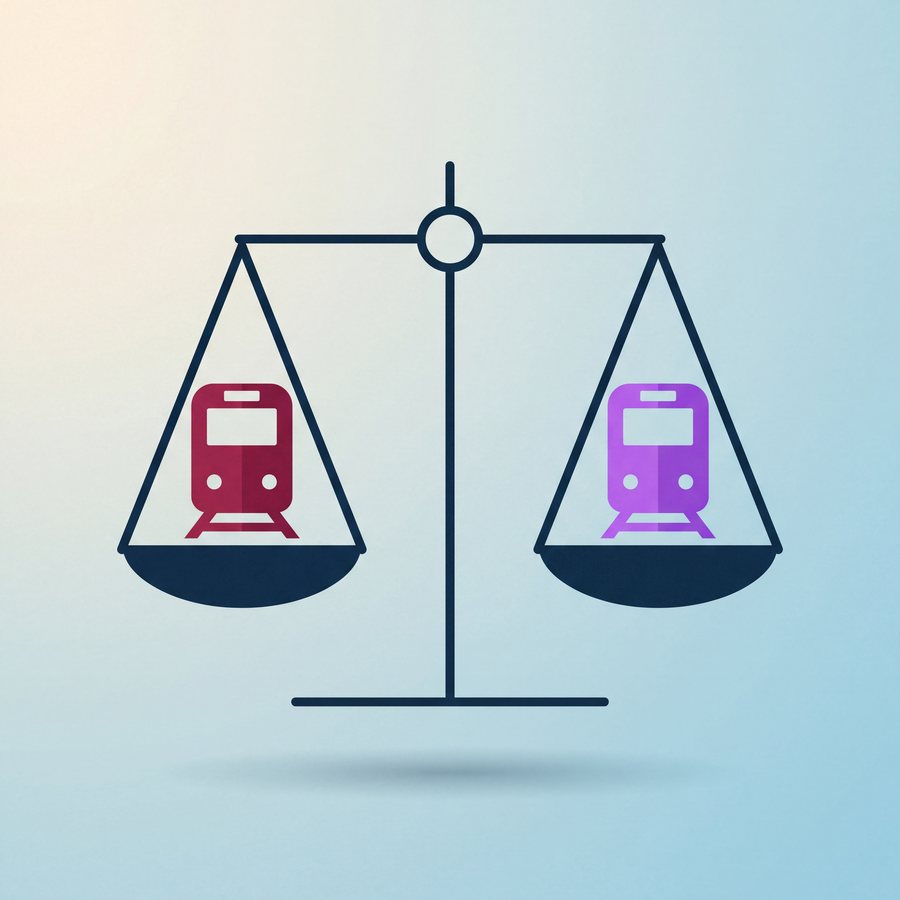 Illustration of a balance scale weighing two trains